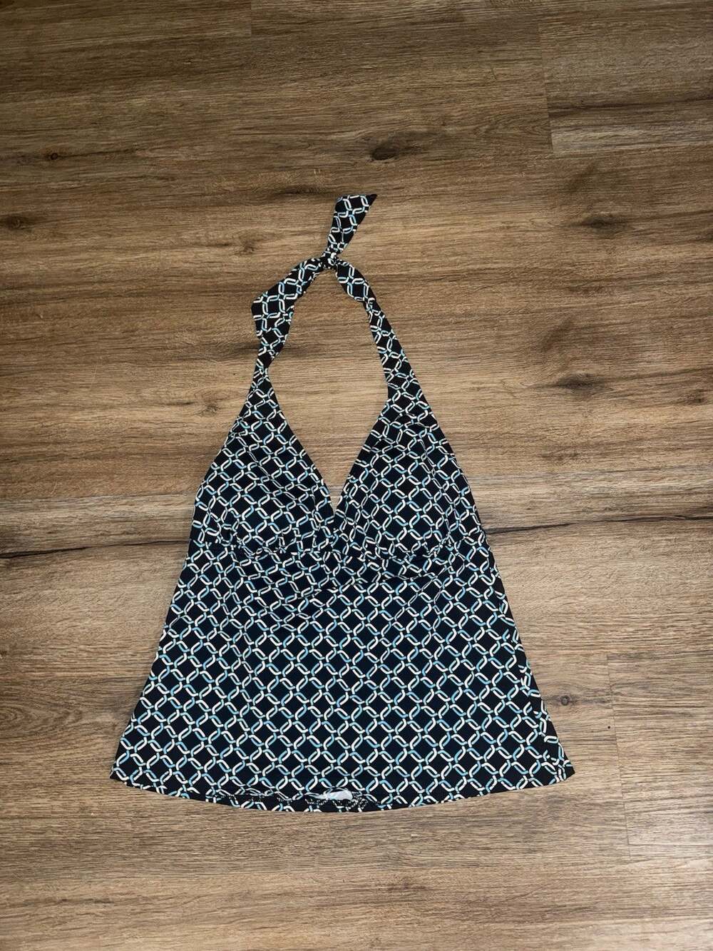 Lands End Swimsuit Tankini Top Size 6 Black Blue Geometric Halter Padded Cups